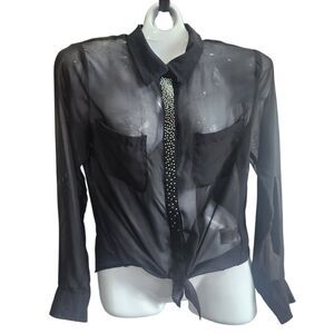 Bongo Black Sheer Button Up Tie Front Top Rhinestone Crystal McBling Y2K Indie S